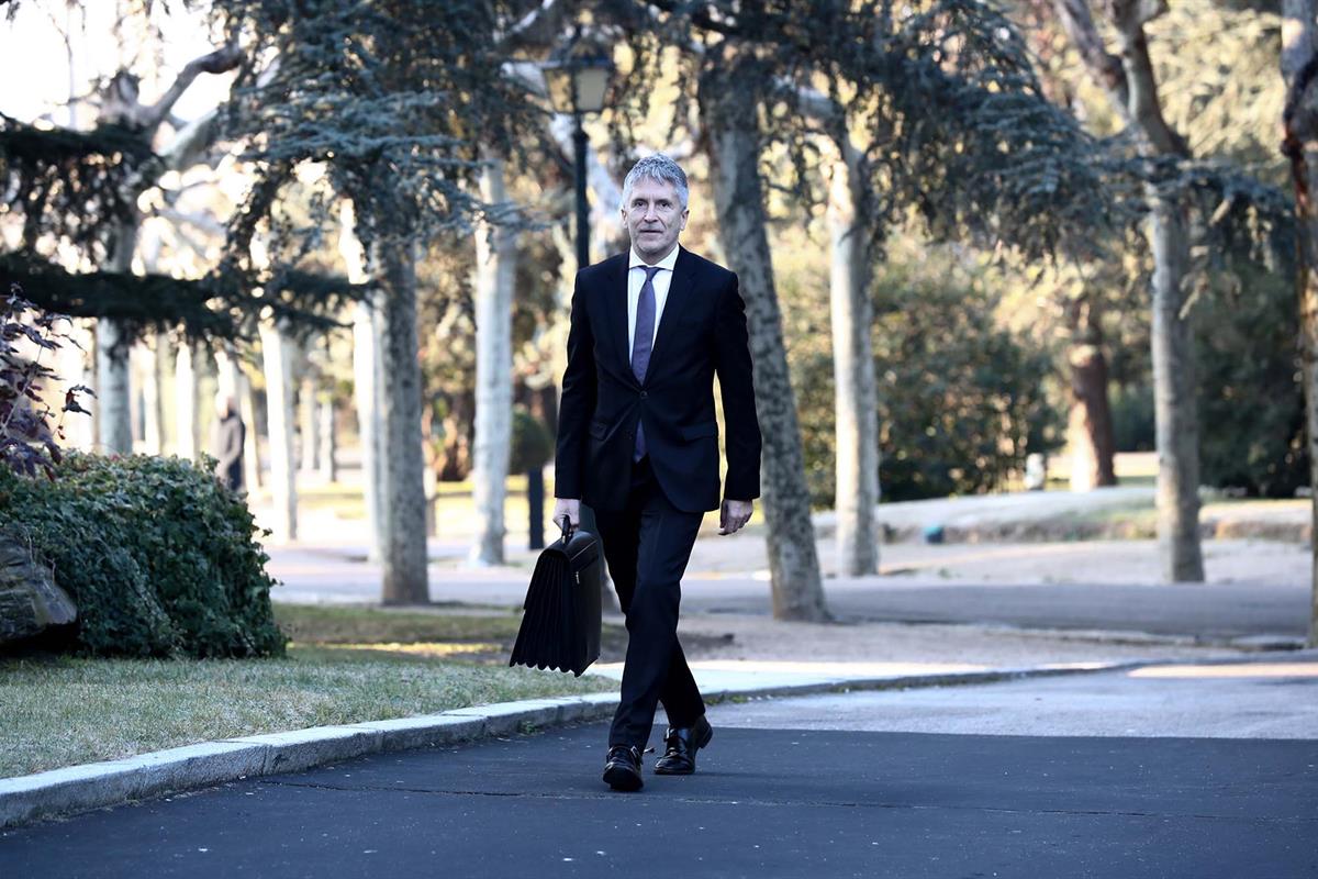 14/01/2020. Minister for Home Affairs, Fernando Grande-Marlaska, walks through the gardens of La Moncloa